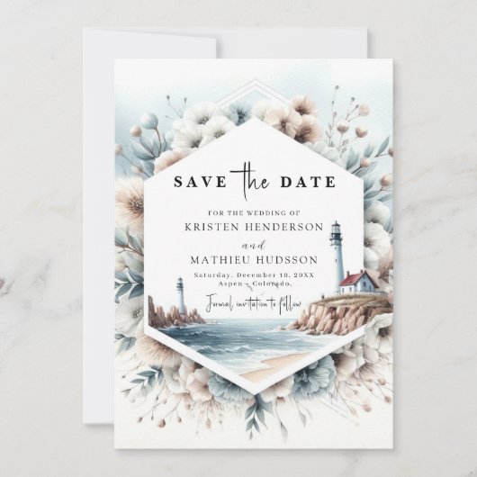 Elegante minimalistische golven vuurtoren bruiloft save the date (Voorkant)
