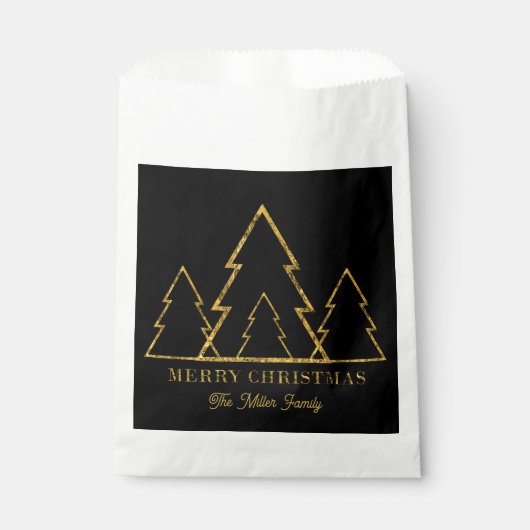 Elegante minimalistische gouden kerstbomen op zwar bedankzakje (Voorkant)