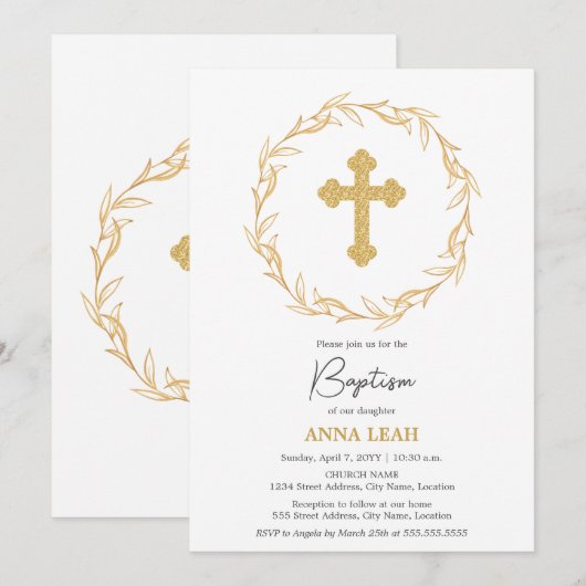 Elegante minimalistische gouden kruis krans doop kaart (Voorkant / Achterkant)