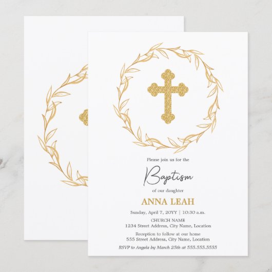 Elegante minimalistische gouden kruis krans doop kaart (Voorkant / Achterkant)