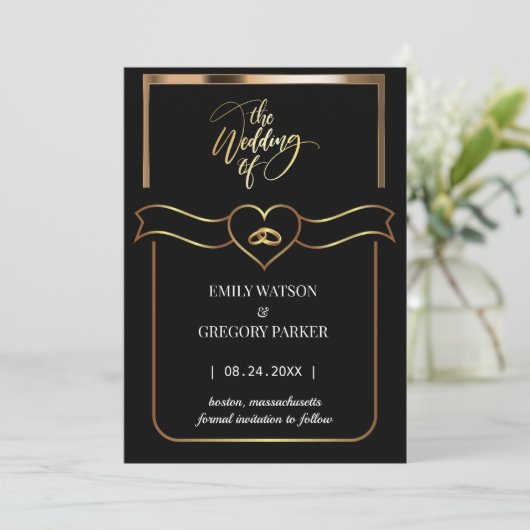 Elegante minimalistische gouden ring save the date (Staand voorkant)