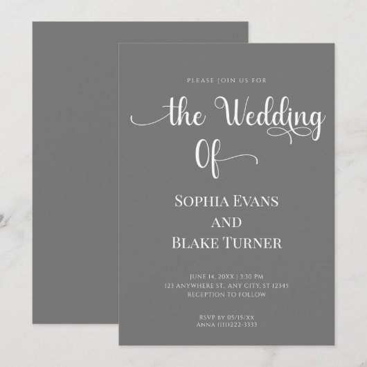 Elegante minimalistische grijs-witte bruiloft kaart (Voorkant / Achterkant)