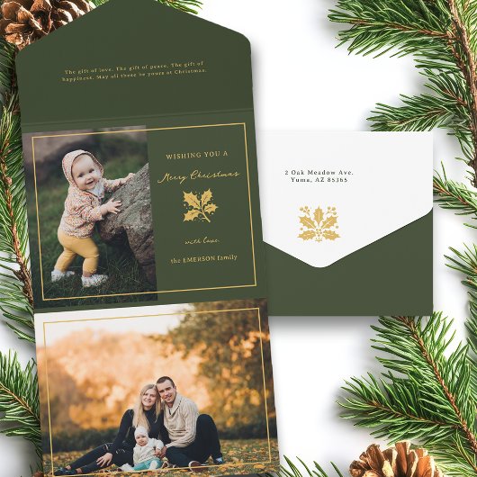 Elegante minimalistische groen/gouden foto all in one uitnodiging