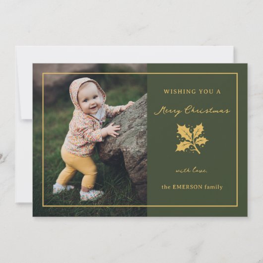 Elegante minimalistische groen/gouden foto feestdagenkaart (Voorkant)