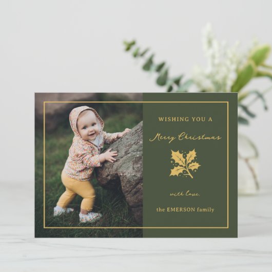 Elegante minimalistische groen/gouden foto feestdagenkaart (Staand voorkant)