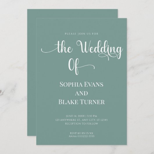 Elegante minimalistische groen-witte bruiloft kaart (Voorkant / Achterkant)