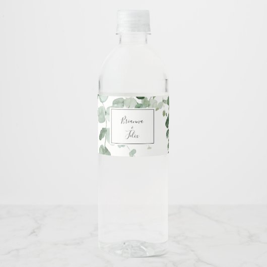 Elegante minimalistische groene eucalyptus bruilof waterfles etiket (Voorkant)
