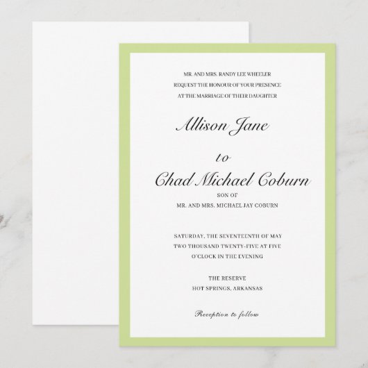 Elegante minimalistische groene grens bruiloft uit kaart (Voorkant / Achterkant)