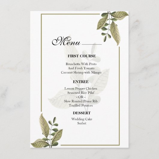 Elegante Minimalistische Groene Huwelijksmenu Menu (Voorkant)