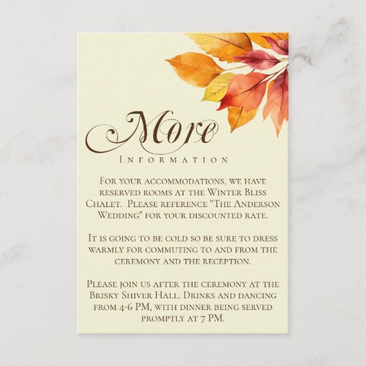 Elegante minimalistische herfstbladeren trouwdetai informatiekaartje (Voorkant)