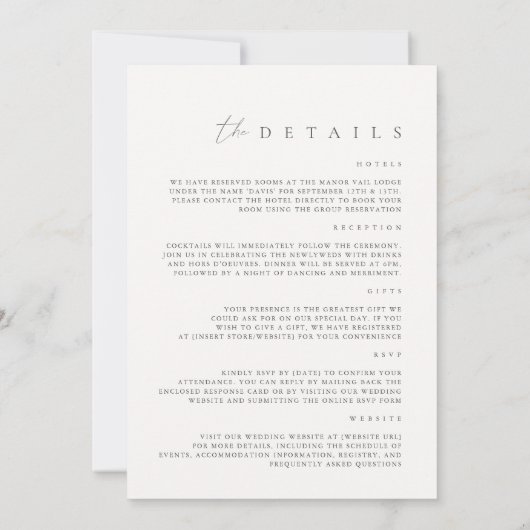 Elegante minimalistische ivoor bruiloft details op kaart (Achterkant)