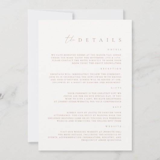 Elegante minimalistische ivoor bruiloft details op kaart (Achterkant)