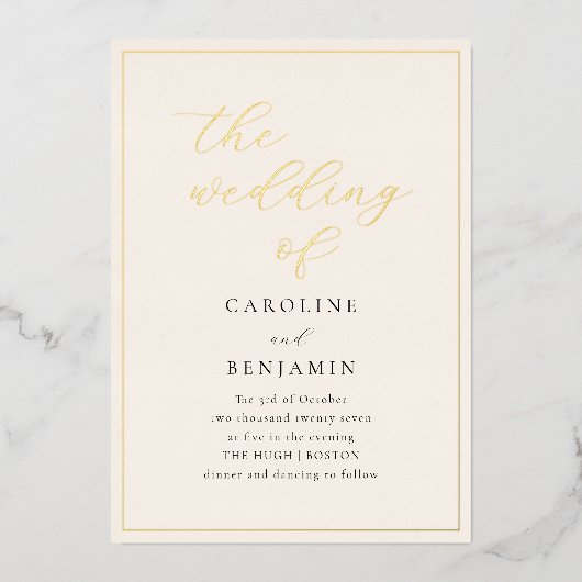 Elegante Minimalistische Ivoren Script Bruiloft Go Folie Uitnodiging (Voorkant)