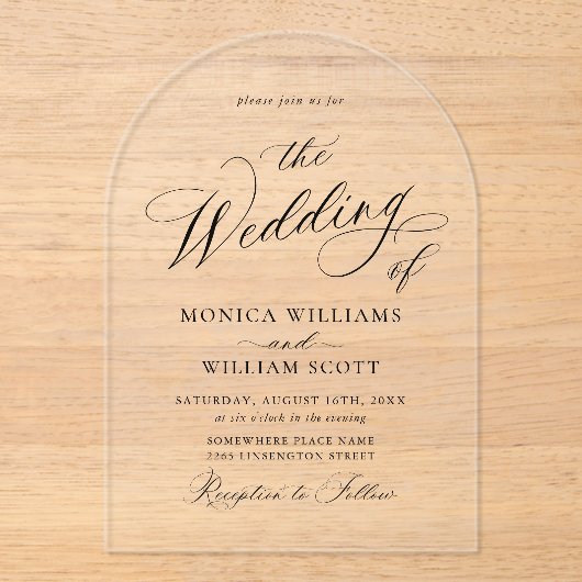 Elegante minimalistische kalligrafie bruiloft QR-c Acryl Uitnodigingen (Voorkant)