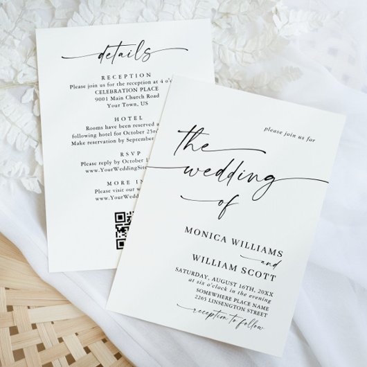 Elegante minimalistische kalligrafie bruiloft QR-c Kaart