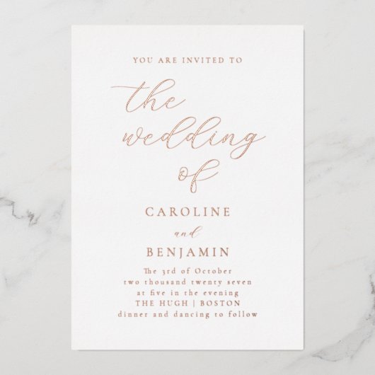 Elegante minimalistische kalligrafie bruiloft Roos Folie Uitnodiging (Voorkant)