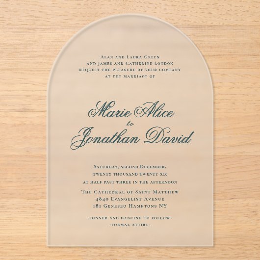 Elegante minimalistische kalligrafie script bruilo acryl uitnodigingen (Voorkant)