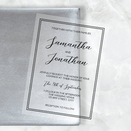 Elegante minimalistische kalligrafie script bruilo acryl uitnodigingen