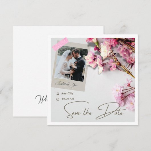 Elegante minimalistische kersbloesemroze save the date (Voorkant / Achterkant)