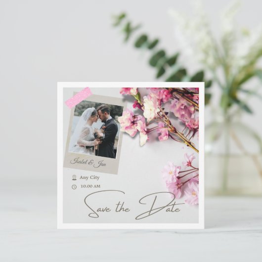 Elegante minimalistische kersbloesemroze save the date (Staand voorkant)