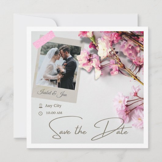 Elegante minimalistische kersroze kleur save the date (Voorkant)