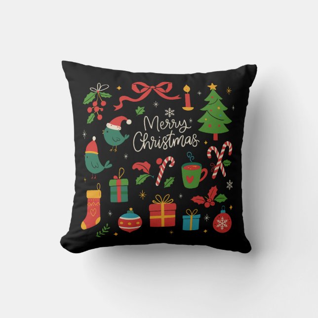 Elegante Minimalistische Kerst Doodles Handgeteken Kussen (Voorkant)