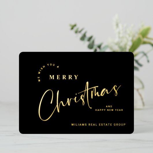 Elegante minimalistische kerstgroet bedrijf goud folie feestdagenkaart (Staand Voorkant)