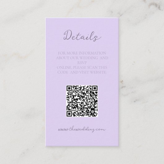 Elegante minimalistische lavendel bruiloft details visitekaartje (Voorkant)