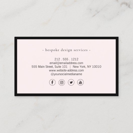 Elegante minimalistische luxe boetiek zwart/lt roz visitekaartje (Achterkant)