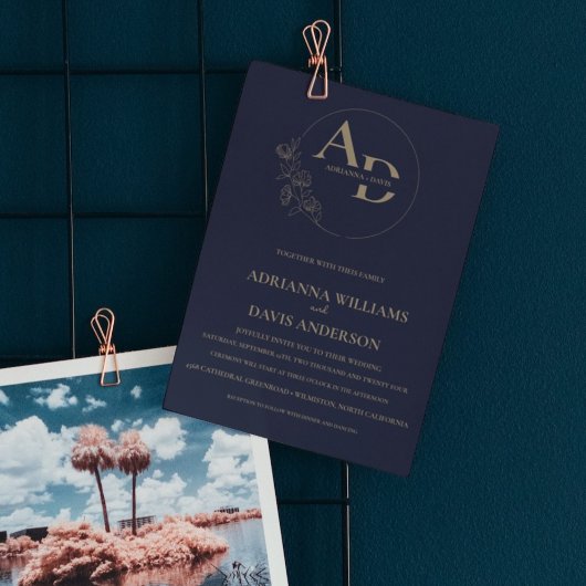 Elegante minimalistische marine blauw monogram bru kaart