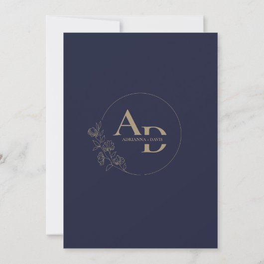 Elegante minimalistische marine blauw monogram bru kaart (Achterkant)