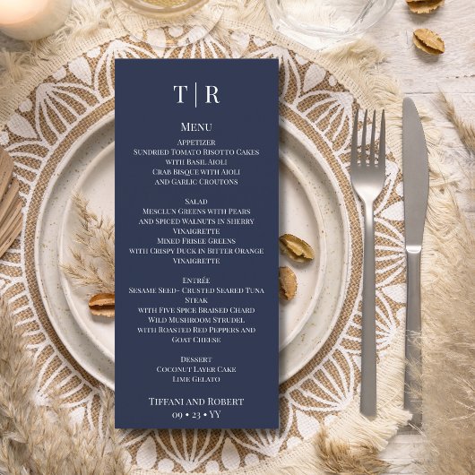 Elegante minimalistische marine blauwe bruiloft menu