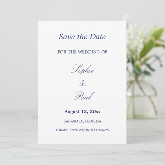 Elegante minimalistische marine blauwe bruiloft Sa Save The Date (Staand voorkant)