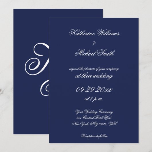 Elegante minimalistische marine blauwe bruiloft ui kaart (Voorkant / Achterkant)