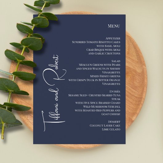 Elegante minimalistische marine blauwe grote namen menu