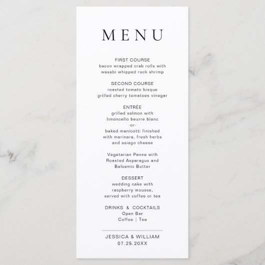 Elegante minimalistische moderne bruiloft dank u menu (Voorkant)