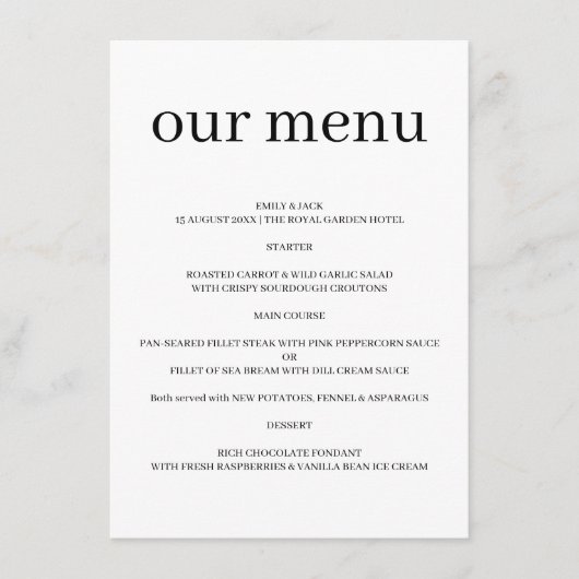 Elegante Minimalistische Moderne Chic Trouwontwerp Menu (Voorkant)