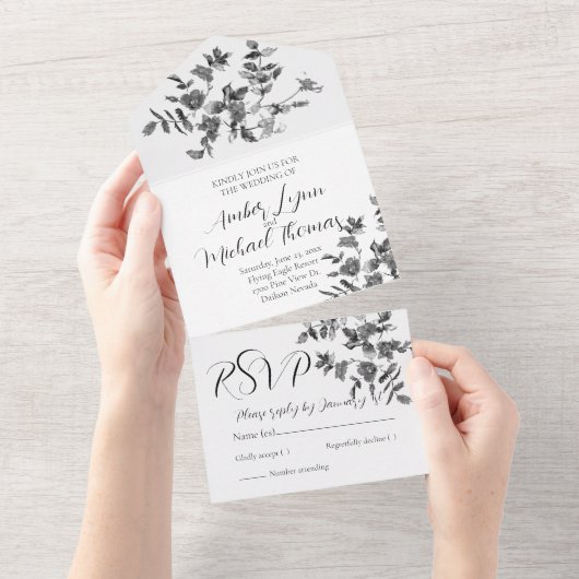 Elegante minimalistische moderne zwarte witte wild all in one uitnodiging (Afscheurbaar)