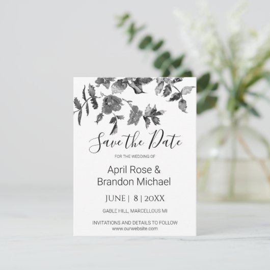 Elegante minimalistische moderne zwarte witte wild save the date (Staand voorkant)