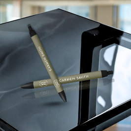 Elegante minimalistische Monogram Groene Olijf met Zwarte Inkt Pen