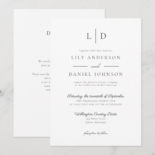 Elegante Minimalistische Monogram QR Code Bruiloft Kaart (Voorkant / Achterkant)