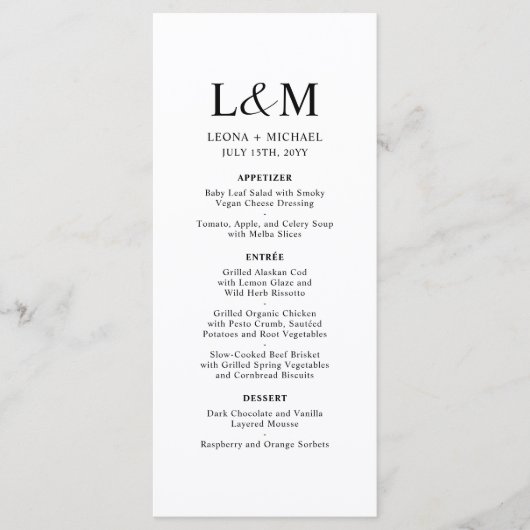 Elegante minimalistische monogram witte bruiloft menu (Voorkant)