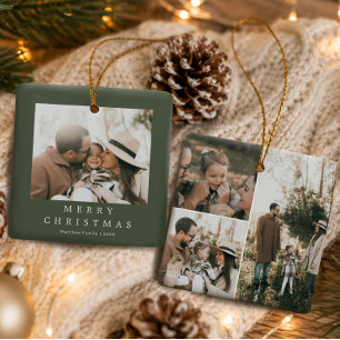 Elegante Minimalistische Mosgroene 4-Foto Kerstmis Keramisch Ornament