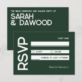 Elegante minimalistische moslim groen wit bruiloft RSVP kaartje
