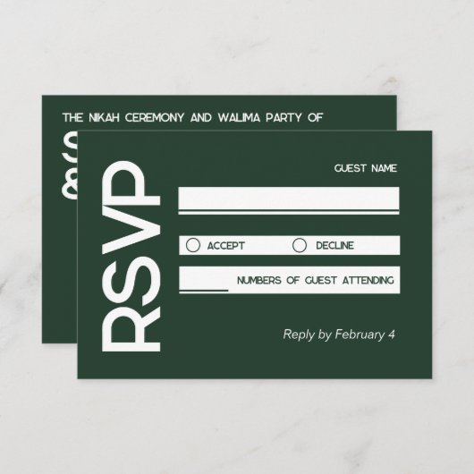 Elegante minimalistische moslim groen wit bruiloft RSVP kaartje (Voorkant / Achterkant)