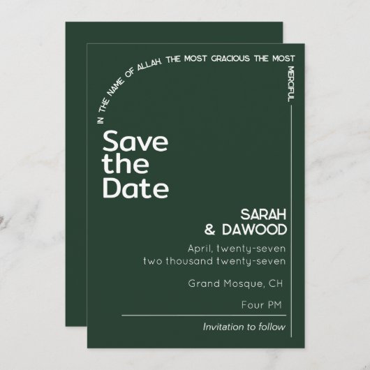 Elegante minimalistische moslim smaragd groene bru save the date (Voorkant / Achterkant)