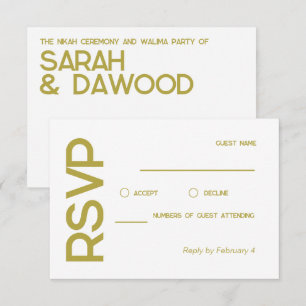 Elegante minimalistische moslim wit messing bruilo RSVP kaartje