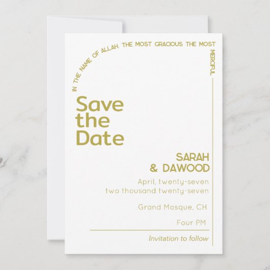 Elegante minimalistische moslim wit messing bruilo save the date (Voorkant)