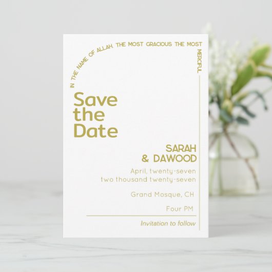 Elegante minimalistische moslim wit messing bruilo save the date (Staand voorkant)