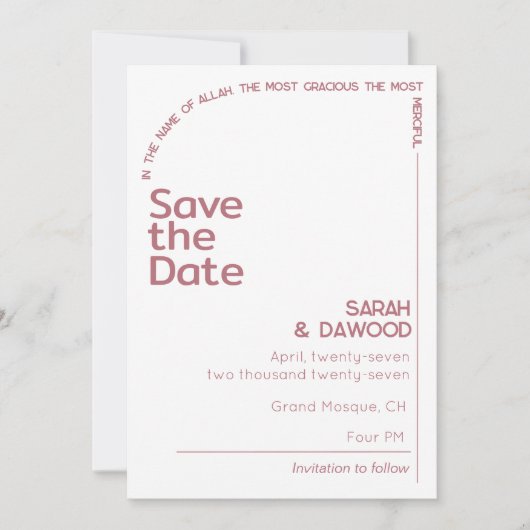 Elegante minimalistische moslim wit rose goud brui save the date (Voorkant)
